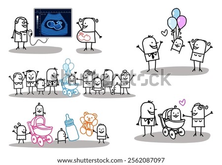 Set of 5 illustrations - Hand drawn cartoon stick characters - parents and family celebrating new born babies, with balloons, toys, pram, ultrasound and pregnant woman