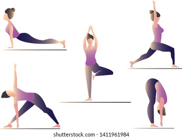 Set of 5 illustrations, slim young girl engaged in stretching, morning exercises, yoga, sports. Trendy sports illustrations. Beautiful flat icon collection. Vector Eps.8.