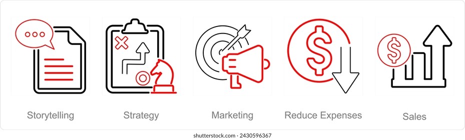Ein Satz von 5 Erhöhungen Verkauf Symbole als Storytelling, Strategie, Marketing