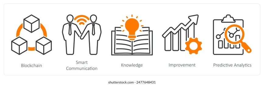 A set of 5 Industrial icons as blockchain, smart communication, knowledge
