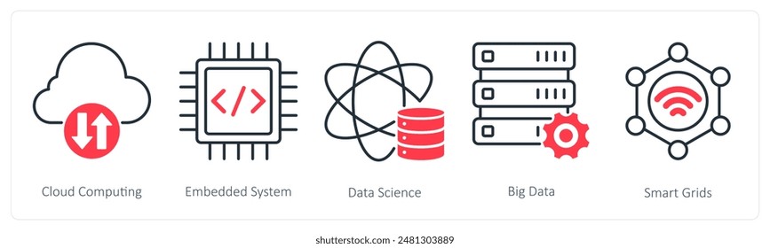 A set of 5 Industrial icons as cloud computing, embedded system, data science