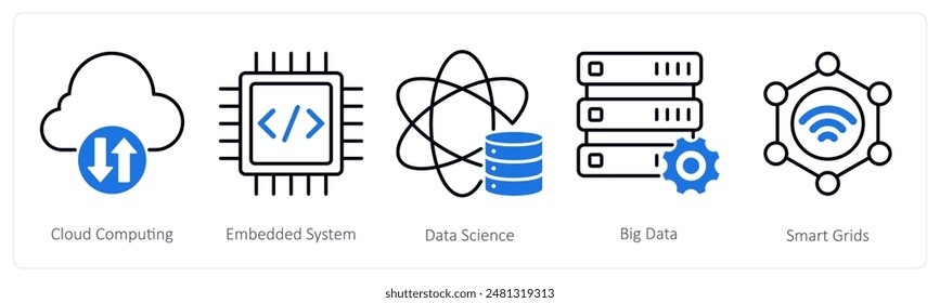 A set of 5 Industrial icons as cloud computing, embedded system, data science