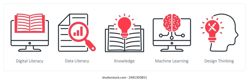 A set of 5 Industrial icons as digital literacy, data literacy, knowledge