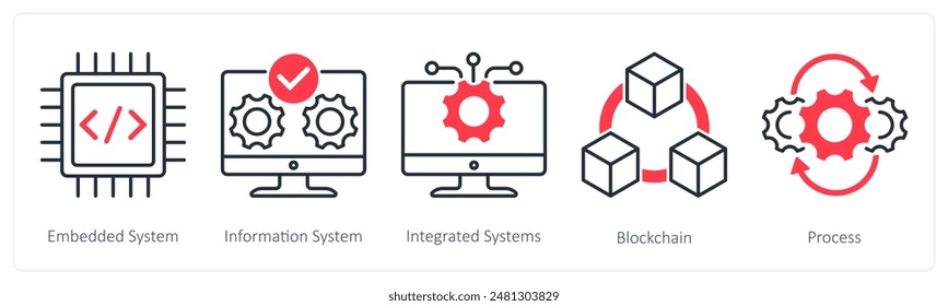 A set of 5 Industrial icons as embedded ystem, information system, integrated systems