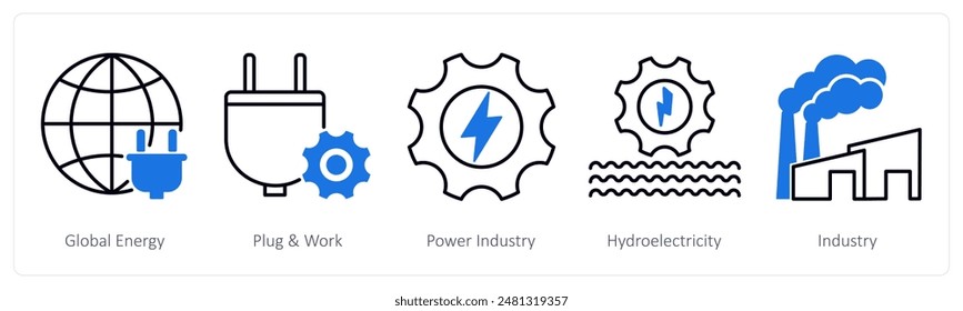 A set of 5 Industrial icons as global energy, plug and work, power industry