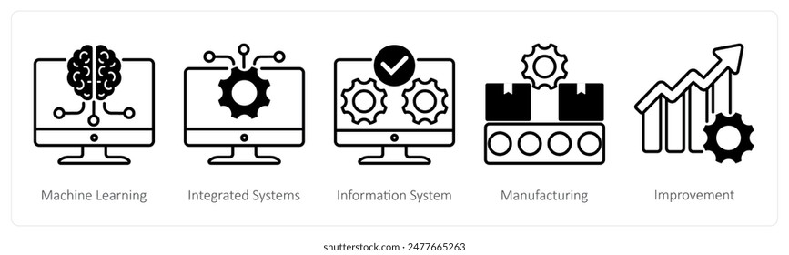 Un conjunto de 5 iconos de Industrial como aprendizaje automático, sistemas integrados, sistema de información