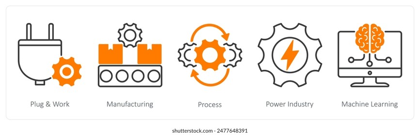 A set of 5 Industrial icons as plug and work, manufacturing, process, power industry