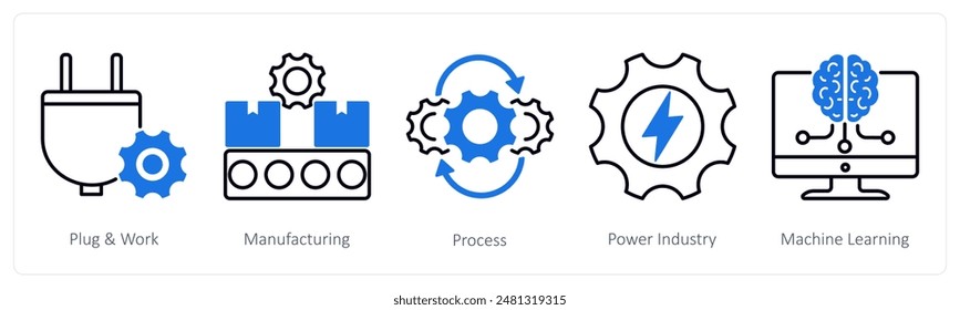 Un conjunto de 5 iconos de Industrial como enchufe y trabajo, fabricación, proceso, industria de energía