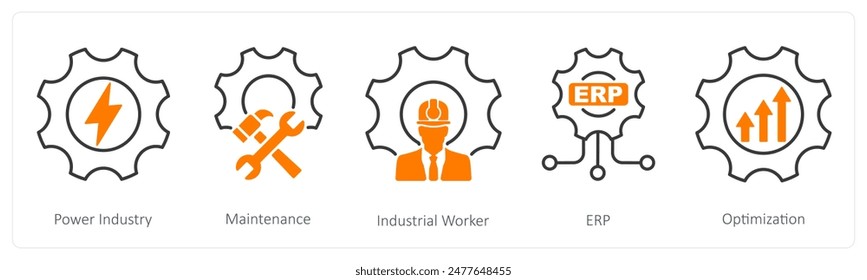 A set of 5 Industrial icons as power industry, maintenance, industrial worker