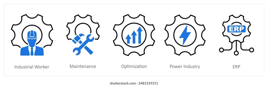 A set of 5 Industrial icons as industrial worker, maintenance, optimization