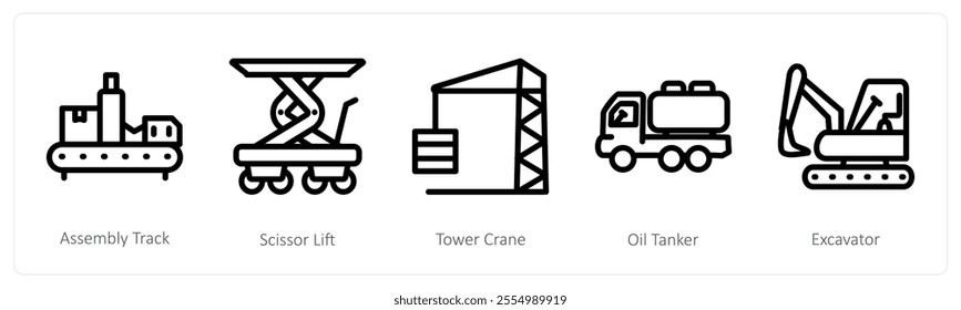 A set of 5 industry icons as assembly track, scissor lift, tower crane