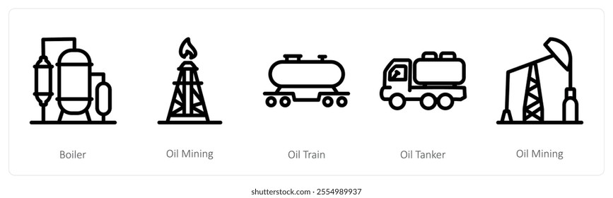 A set of 5 industry icons as boiler, oil mining, oil train