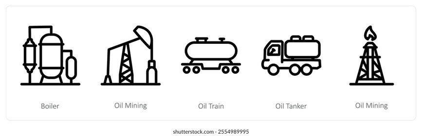 A set of 5 industry icons as boiler, oil mining, oil train