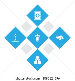 Set of 5 industry icons set. Collection of female worker, gas tower, aerospace and other elements.