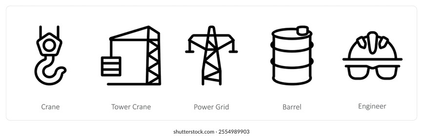 A set of 5 industry icons as crane, tower crane, power grid