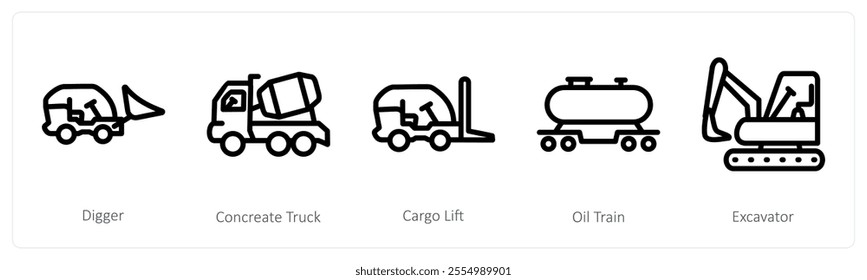 A set of 5 industry icons as digger, concrete truck, cargo lift