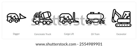 A set of 5 industry icons as digger, concrete truck, cargo lift