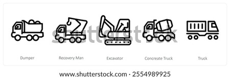 A set of 5 industry icons as dumper, recovery man, excavator