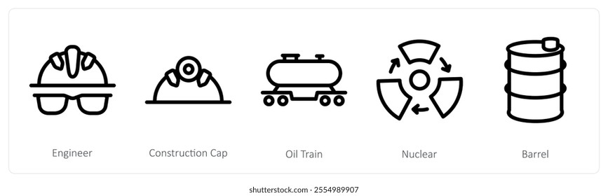 A set of 5 industry icons as engineer, construction cap, oil train