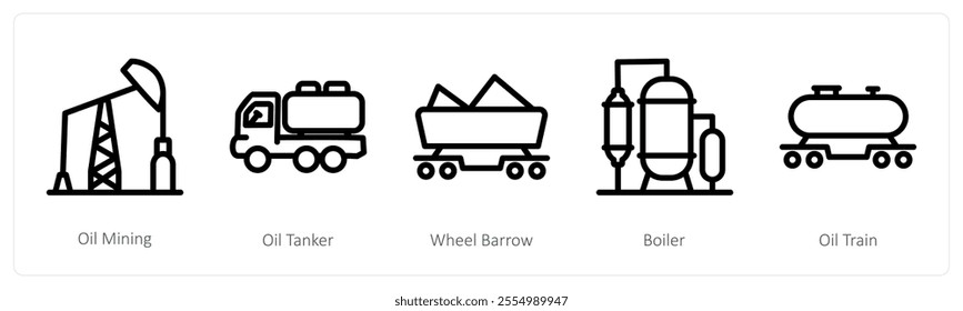 A set of 5 industry icons as oil mining, oil tanker, wheel barrow