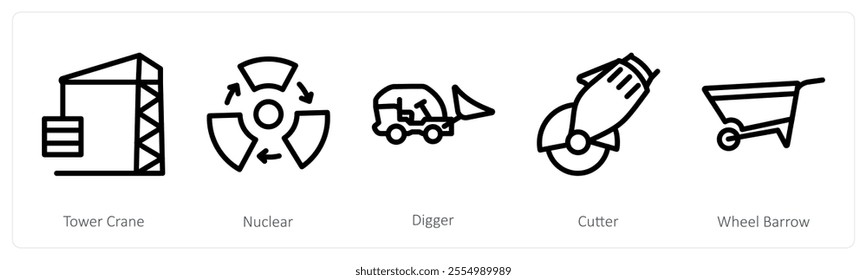 A set of 5 industry icons as tower crane, nuclear, digger