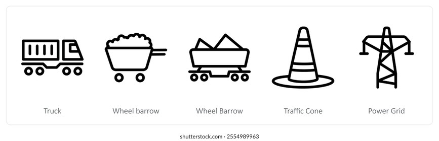 A set of 5 industry icons as truck, wheel barrow, traffic cone