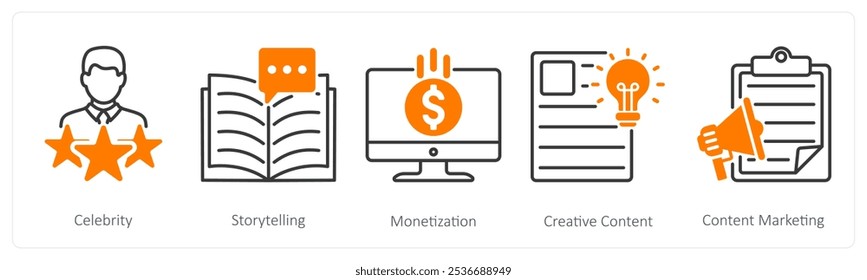 A set of 5 Influencer icons as celebrity, story telling, monetization