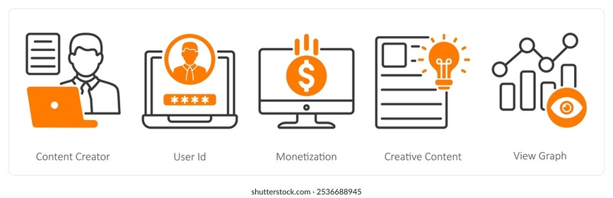 Un conjunto de 5 iconos de Influencer como creador de contenido, ID de usuario, monetización