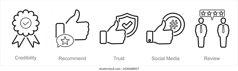 A set of 5 Influencer icons as credibility, recomment, trust