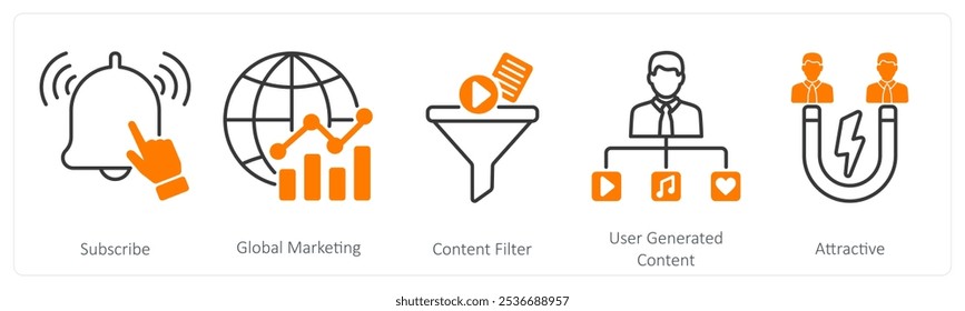 Um conjunto de 5 ícones de influenciador como subscribe, marketing global, filtro de conteúdo