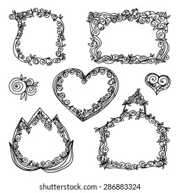 Set of 5 ink frames. 5 flourish and curly frames. Line art. Graphic borders. Lily, roses,spiral, heart, temple. Black on white background. Vector illustration - stock vector. Simple hand drawing frames.