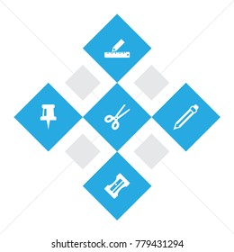 Set Of 5 Instruments Icons Set.Collection Of Pencil, Supplies, Clippers And Other Elements.