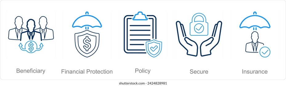 A set of 5 Insurance icons as beneficiary, financial protection, policy