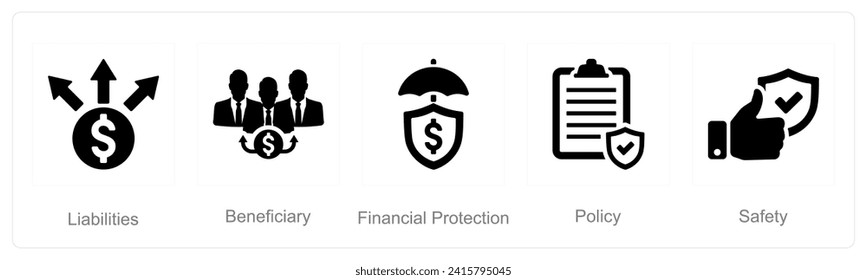 A set of 5 Insurance icons as liabilities, beneficiary, financial protection, policy