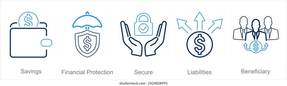 A set of 5 Insurance icons as savings, financial protection, secure