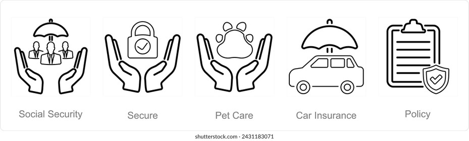 A set of 5 Insurance icons as social security, secure, pet care