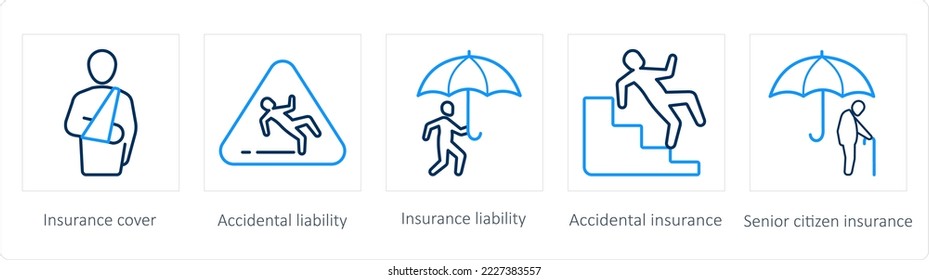 Eine Reihe von 5 Symbolen für Versicherungen wie Versicherungsschutz, Unfallhaftung