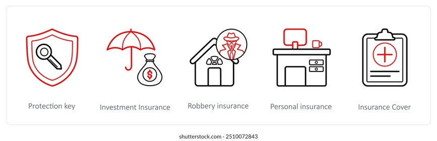 A set of 5 insurance icons such as protection key, investment insurance