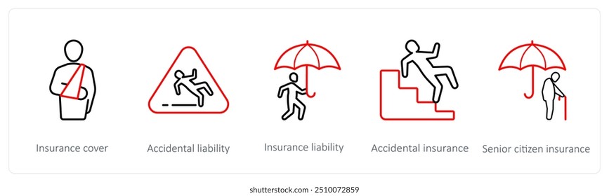 Ein Satz von 5 Versicherungssymbolen wie Versicherungsschutz, Unfallhaftung