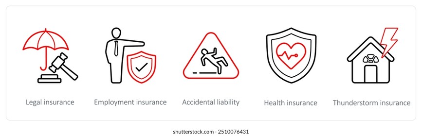 Eine Reihe von 5 Versicherungssymbolen wie Rechtsversicherung, Arbeitsversicherung