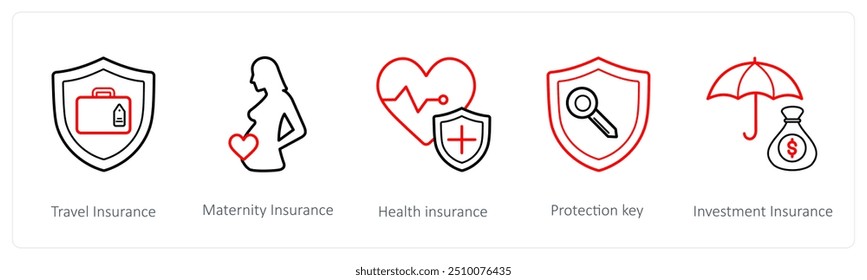 Um conjunto de 5 ícones de seguro, como seguro de viagem, seguro de maternidade