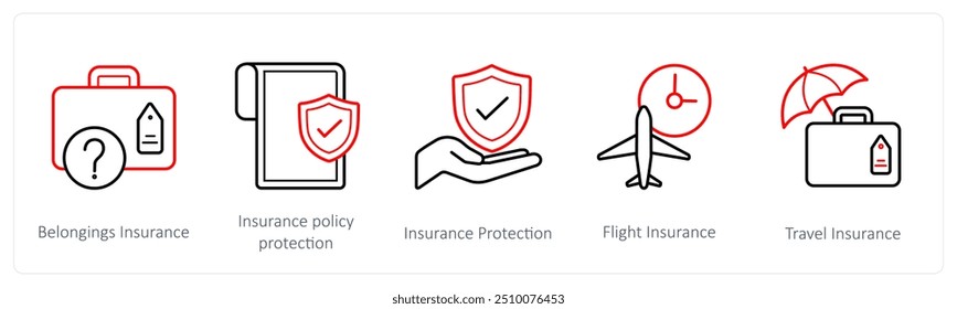A set of 5 insurance icons such as belongings insurance, insurance policy protection