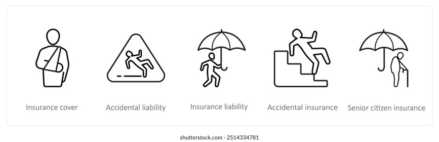 Ein Satz von 5 Versicherungssymbolen wie Versicherungsschutz, Unfallhaftung