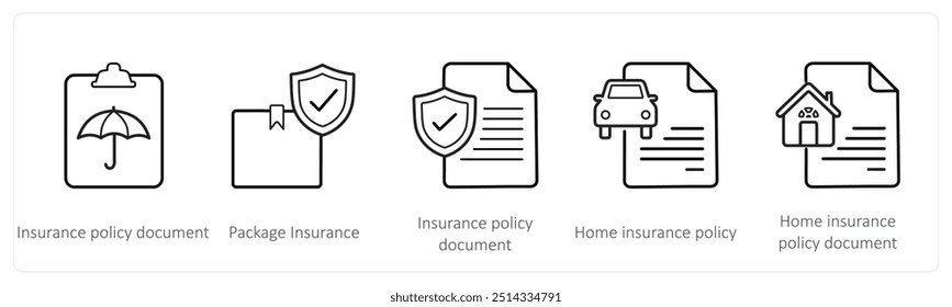 A set of 5 insurance icons such as insurance policy document, package insurance