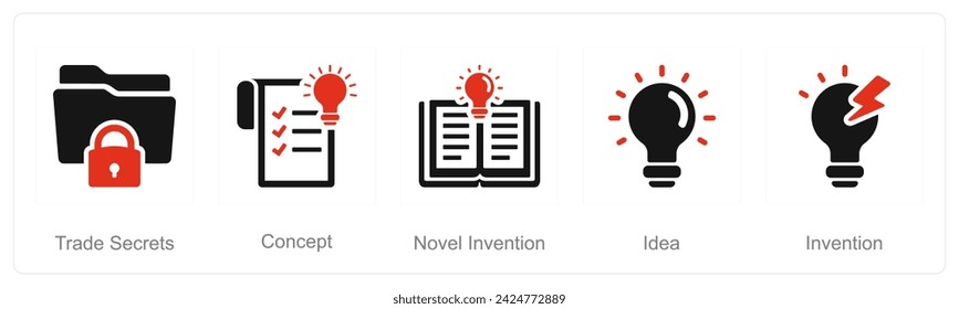 A set of 5 Intellectual Property icons as trade secrets, novel invention, idea