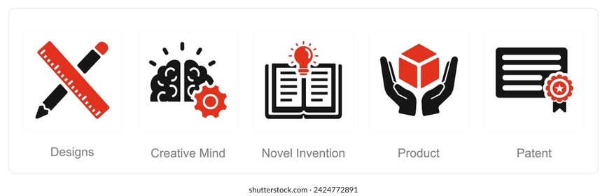 A set of 5 Intellectual Property icons as designs, creative mind, novel invention