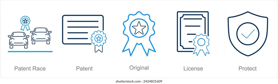 A set of 5 Intellectual Property icons as patent race, patent, original