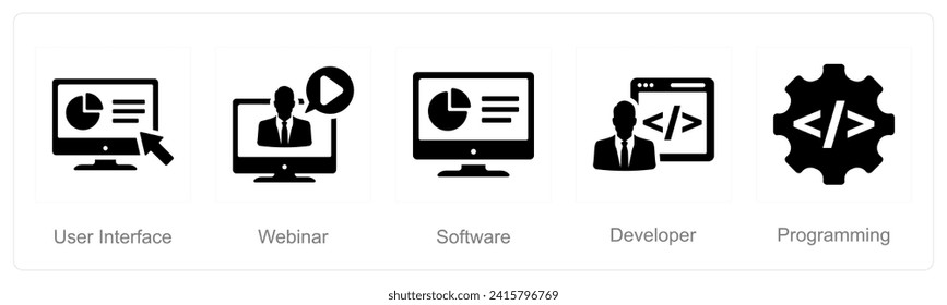 Un conjunto de 5 iconos de Internet Computer como interfaz de usuario, webinar, software