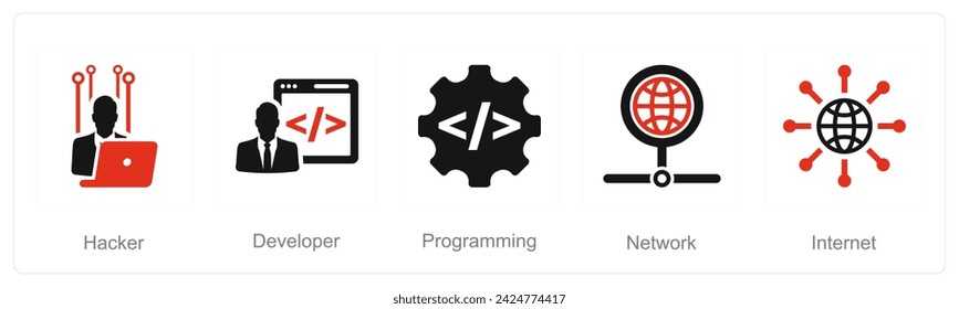 A set of 5 Internet Computer icons as hacker, developer, programming