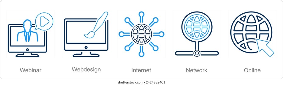 A set of 5 Internet Computer icons as webinar, web design, internet